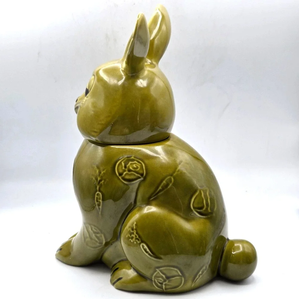 VINTAGE Olive Green Bunny Rabbit Shaped Cookie Jar‎ Doranne of California RETRO